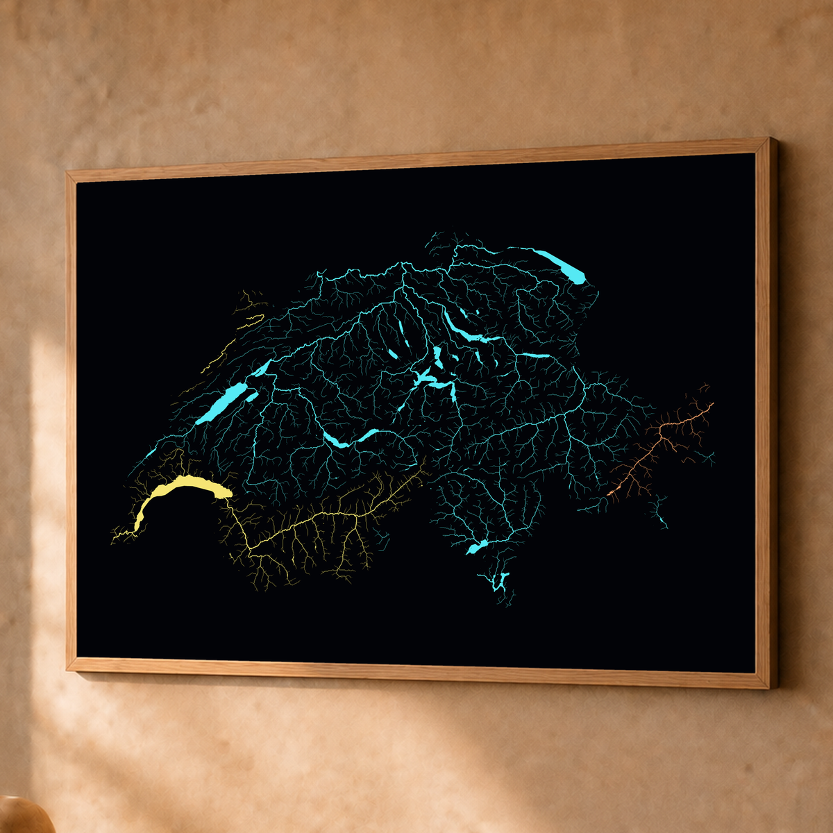 Beautiful Rivers — Suíça — Neon por território, Fine art emoldurado · 60 × 80 cm, Natural · Sem margem