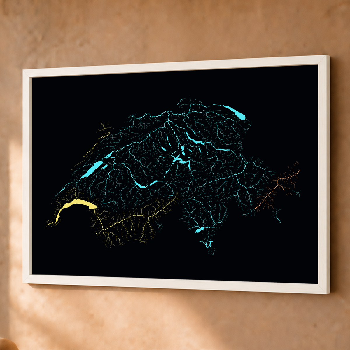 Beautiful Rivers — Suíça — Neon por território, Fine art emoldurado · 60 × 80 cm, Branco · Sem margem