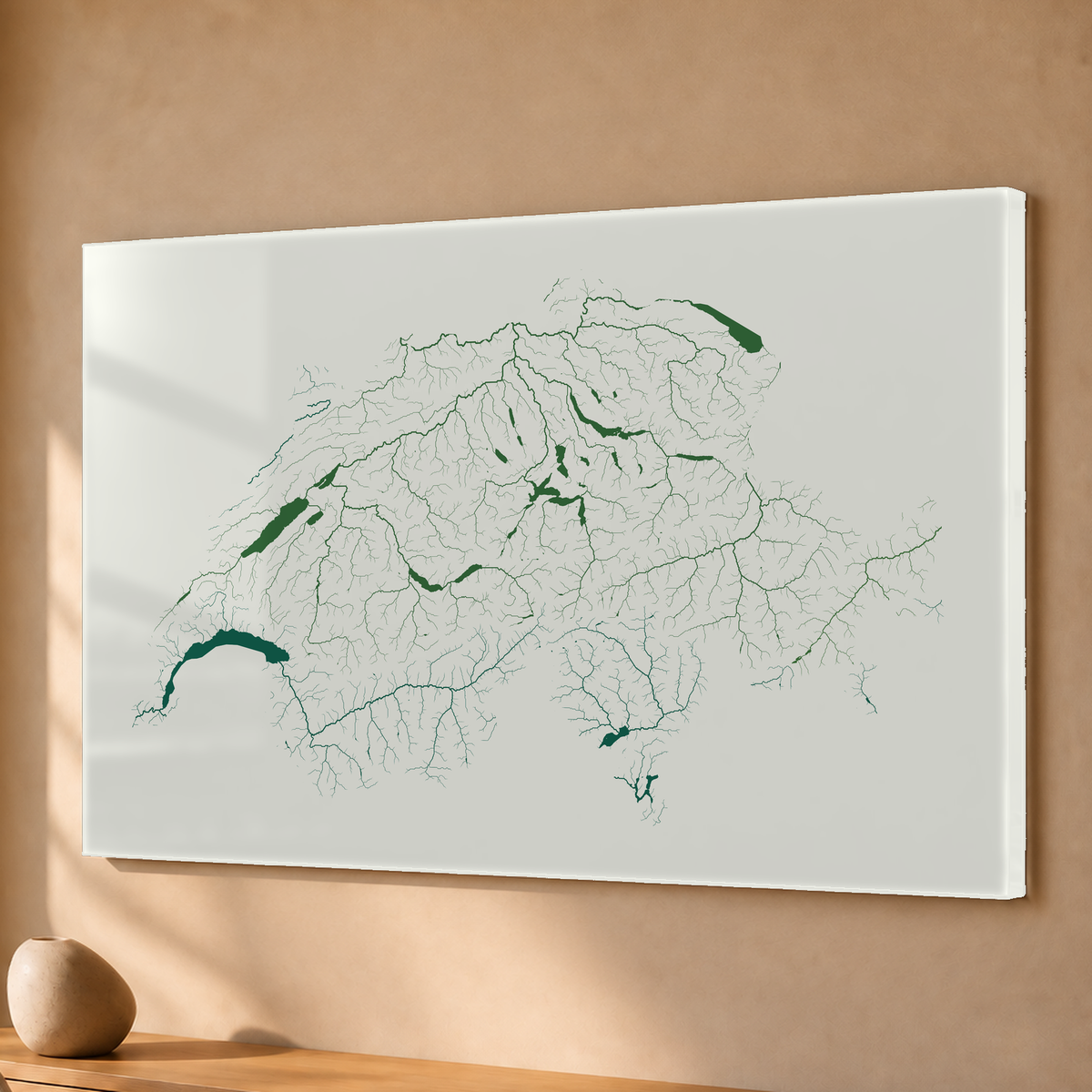 Beautiful Rivers — Suíça — Verde jade e porcelana, Acrílico · 40 × 60 cm, Sem margem