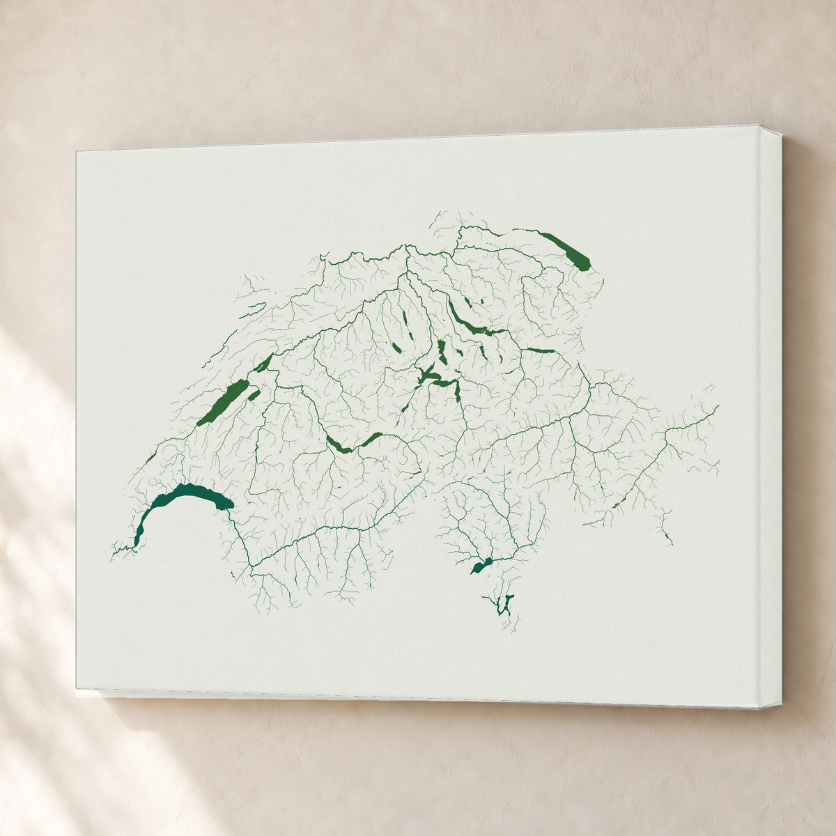 Beautiful Rivers — Suíça — Verde jade e porcelana, Canvas · 45 × 60 cm, Sem margem