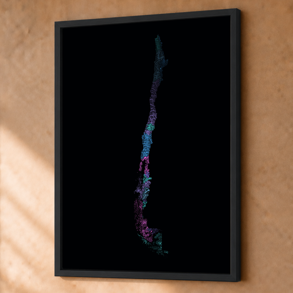 Quadro dos rios do Chile — Neon hidrográfico, Preto · Sem margem — Fine art emoldurado — 3x4