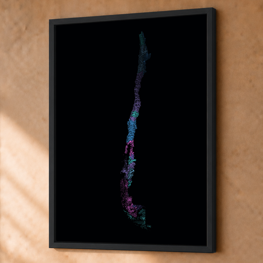 Quadro dos rios do Chile — Neon hidrográfico, Preto · Sem margem — Fine art emoldurado — 3x4