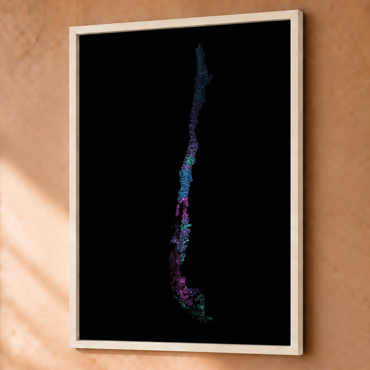 Quadro dos rios do Chile — Neon hidrográfico, Branco · Sem margem — Fine art emoldurado — 3x4