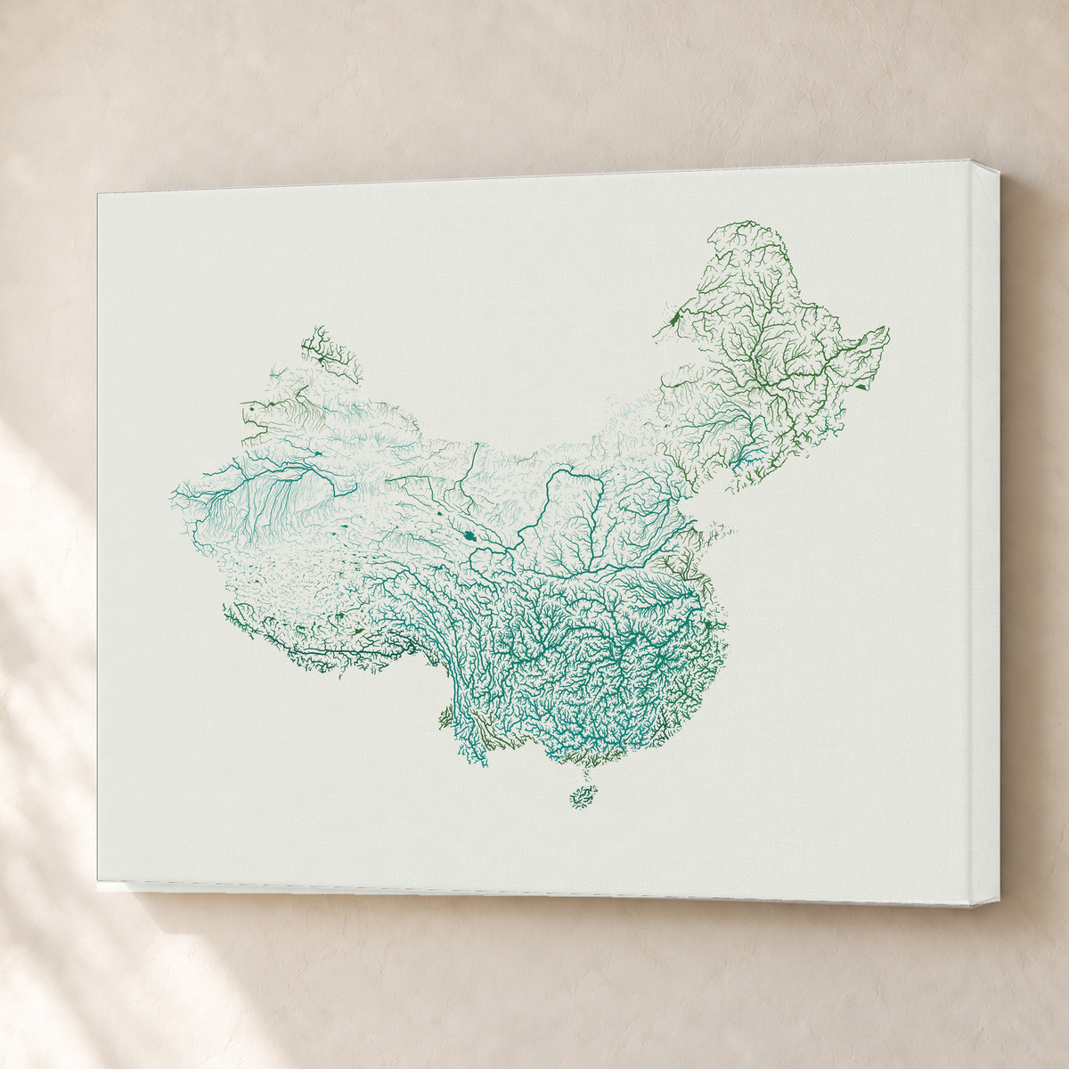 Beautiful Rivers — China — Verde jade e porcelana, Canvas · 45 × 60 cm, Sem margem
