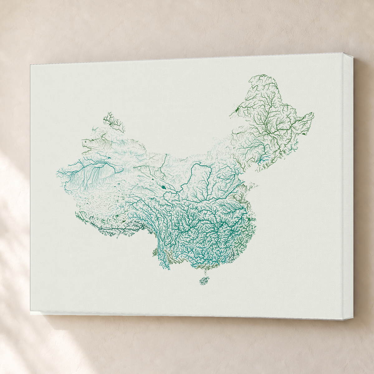 Beautiful Rivers — China — Verde jade e porcelana, Canvas · 60 × 80 cm, Sem margem
