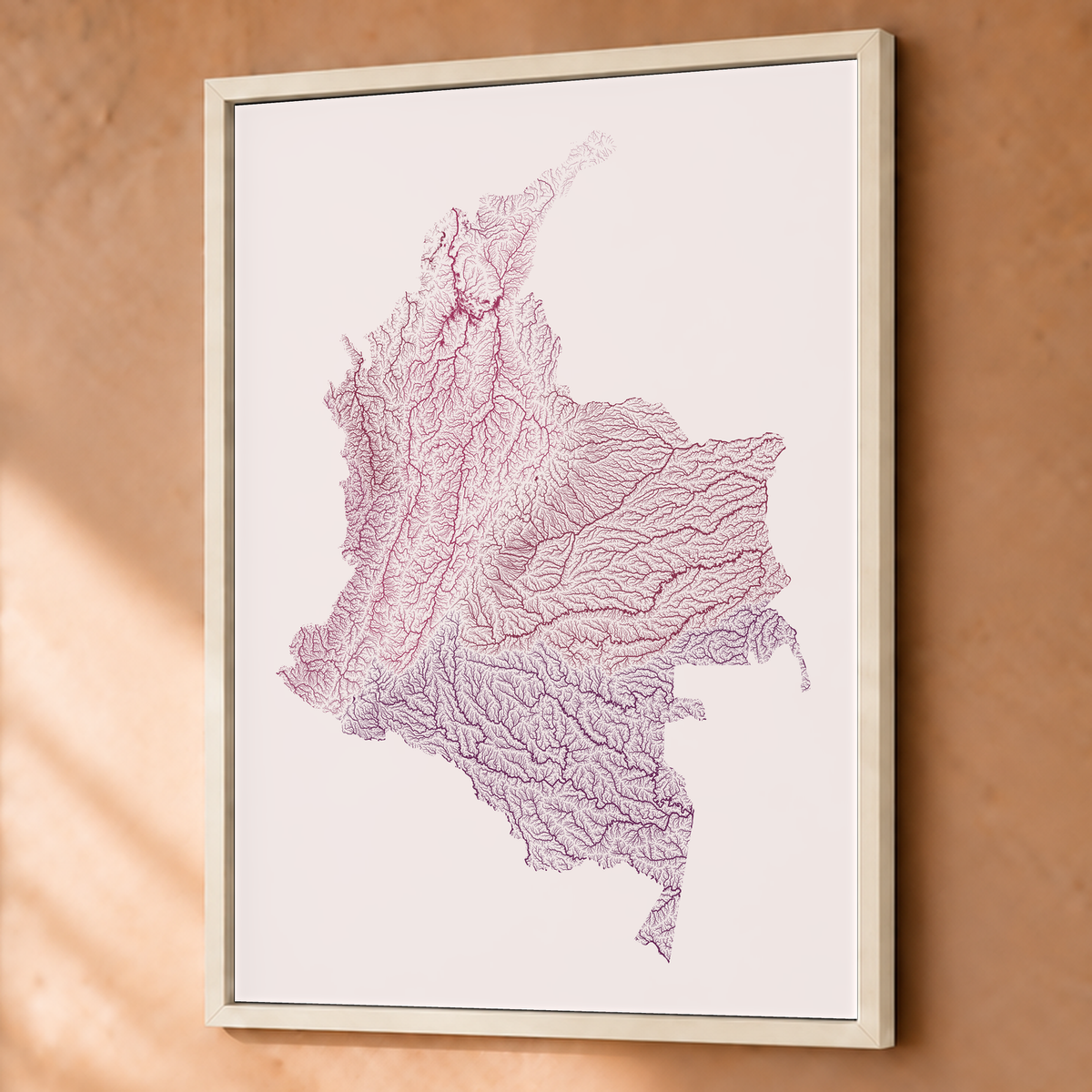 Quadro dos rios da Colômbia — Ameixa e rosé, Branco · Sem margem — Fine art emoldurado — 3x4