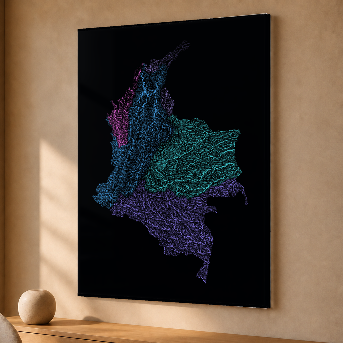 Quadro dos rios da Colômbia — Neon hidrográfico, Sem margem — Acrílico — 3x4
