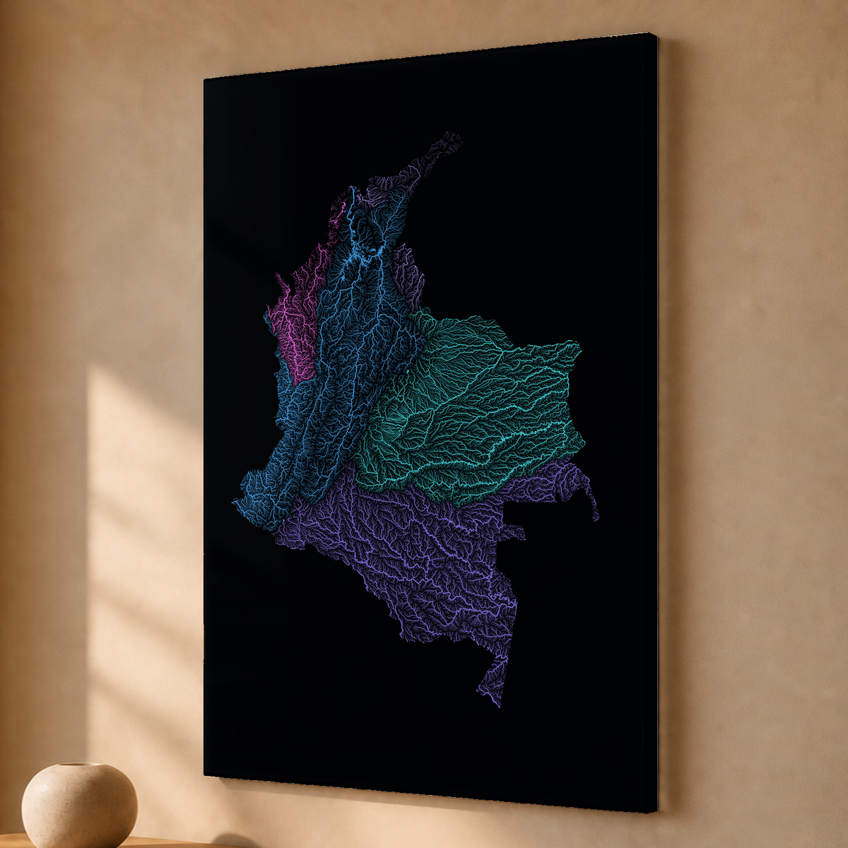 Quadro dos rios da Colômbia — Neon hidrográfico, Sem margem — Acrílico — 2x3