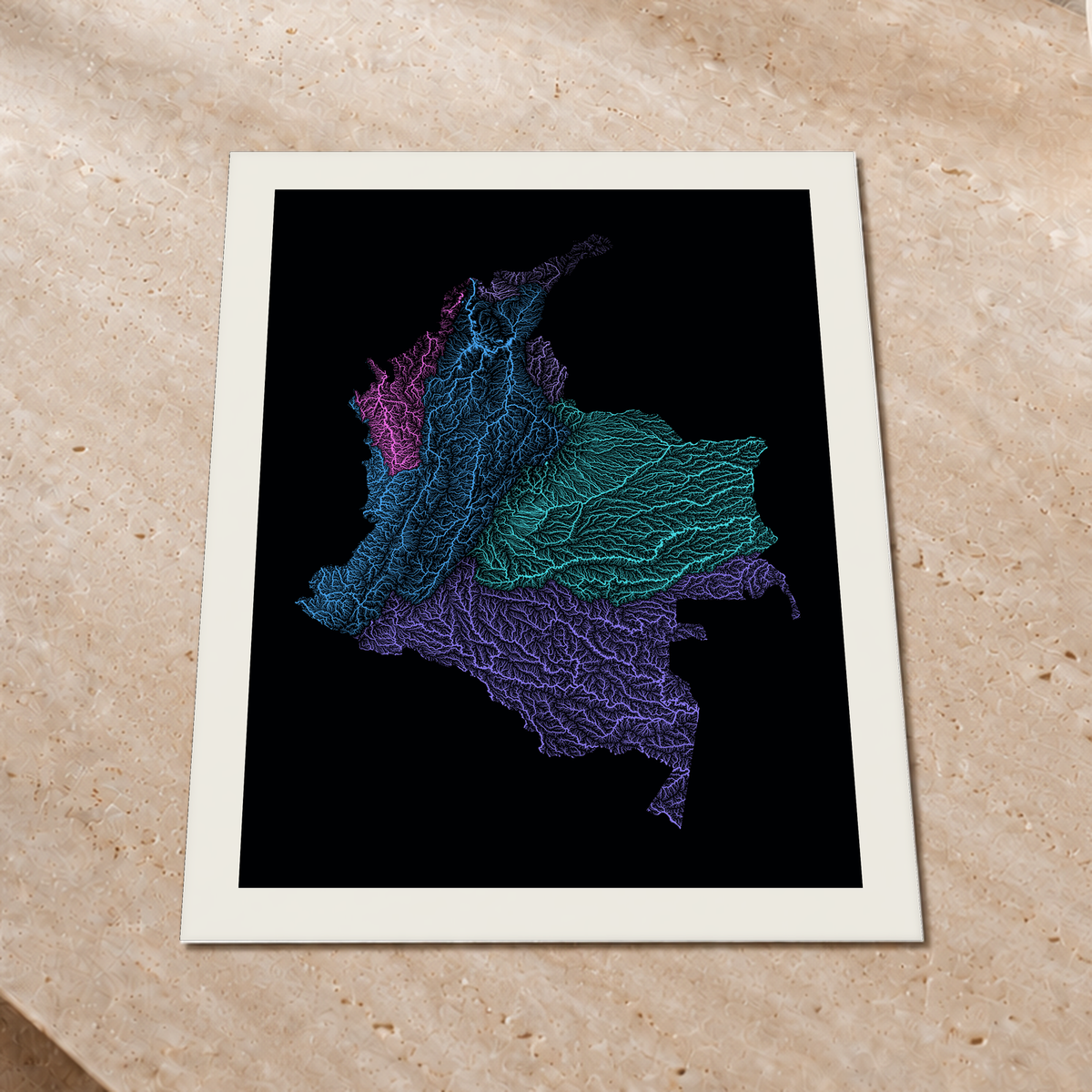 Quadro dos rios da Colômbia — Neon hidrográfico, Margem branca — Fine art print — 3x4