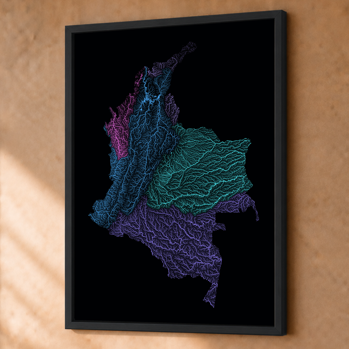 Quadro dos rios da Colômbia — Neon hidrográfico, Preto · Sem margem — Fine art emoldurado — 3x4