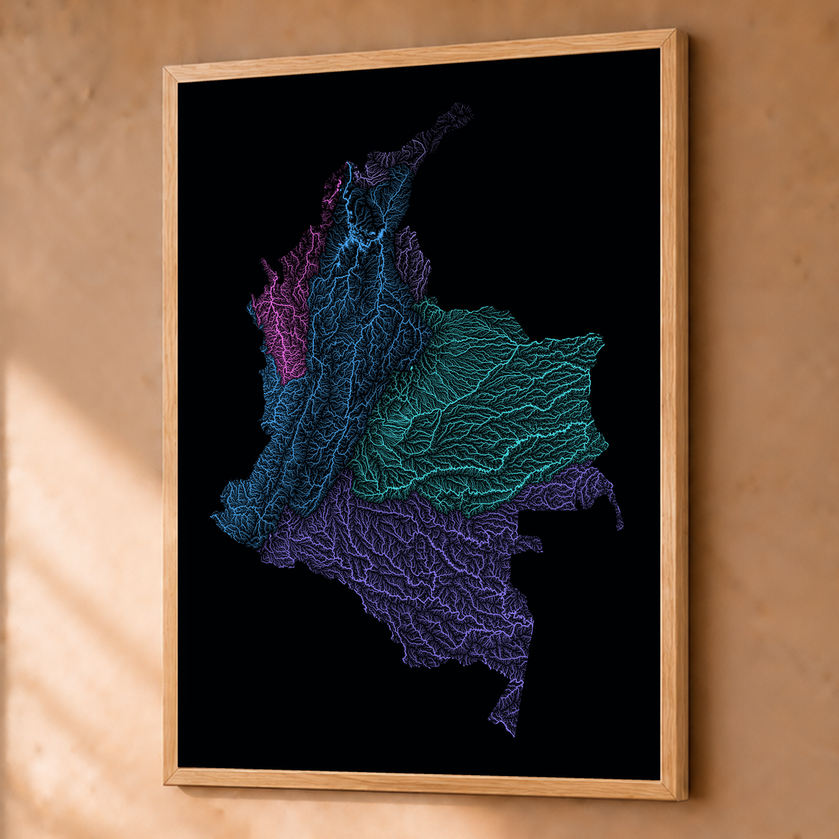 Quadro dos rios da Colômbia — Neon hidrográfico, Natural · Sem margem — Fine art emoldurado — 3x4