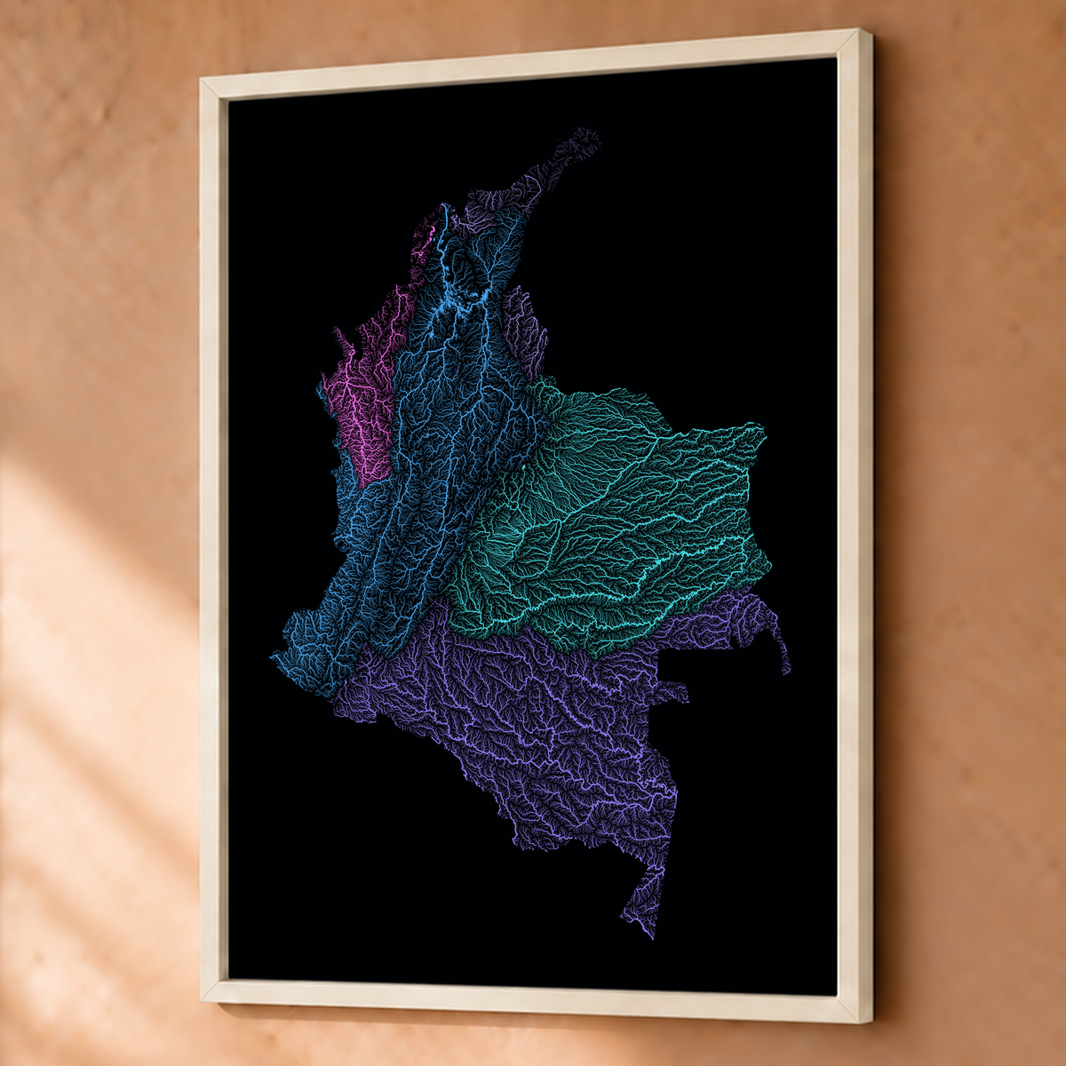 Quadro dos rios da Colômbia — Neon hidrográfico, Branco · Sem margem — Fine art emoldurado — 3x4