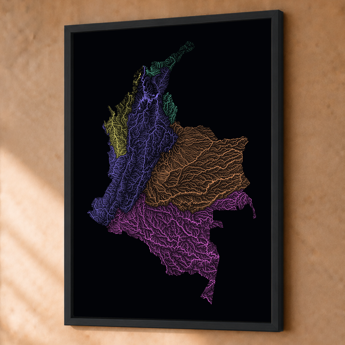 Quadro dos rios da Colômbia — Neon por território, Preto · Sem margem — Fine art emoldurado — 3x4