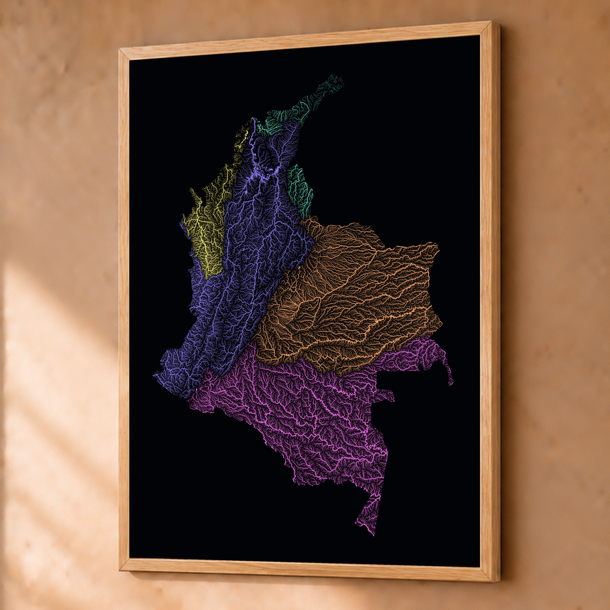 Quadro dos rios da Colômbia — Neon por território, Natural · Sem margem — Fine art emoldurado — 3x4