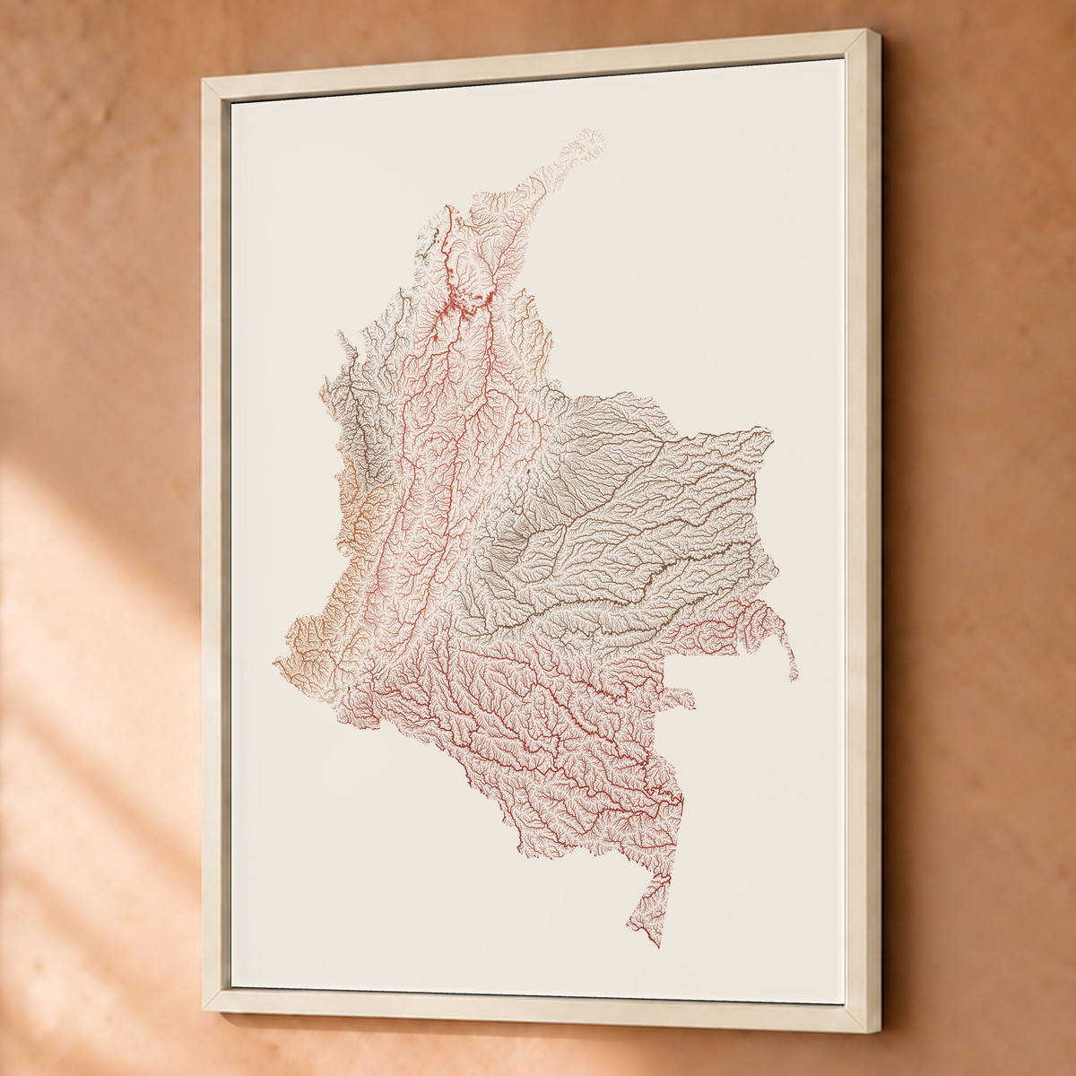 Quadro dos rios da Colômbia — Terracota e areia, Branco · Sem margem — Fine art emoldurado — 3x4
