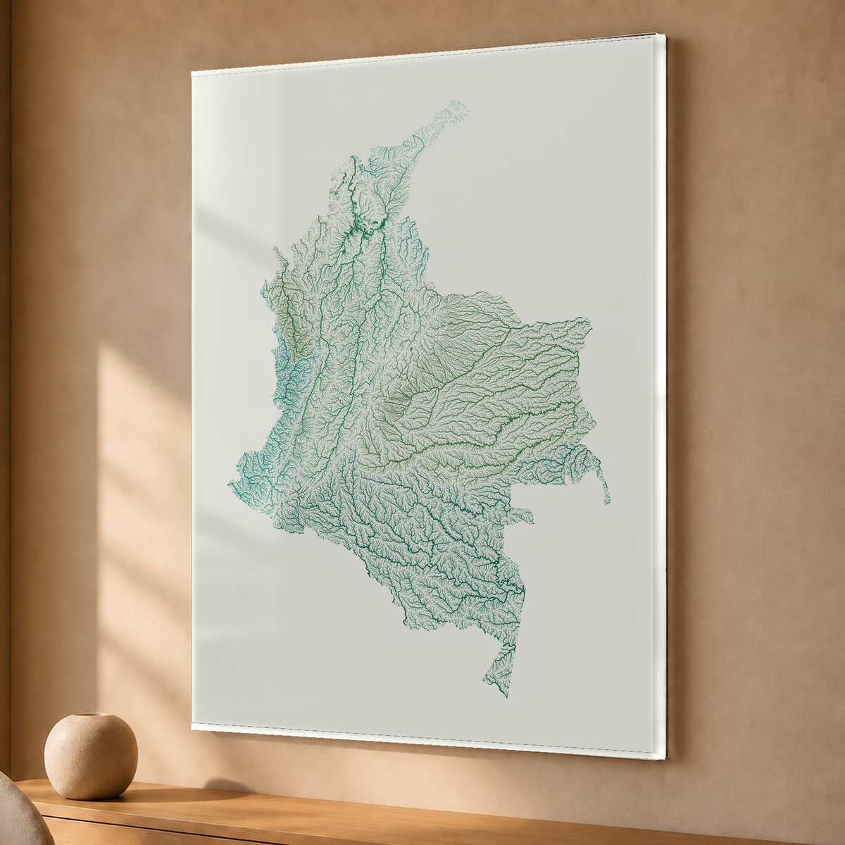 Quadro dos rios da Colômbia — Verde jade e porcelana, Sem margem — Acrílico — 3x4