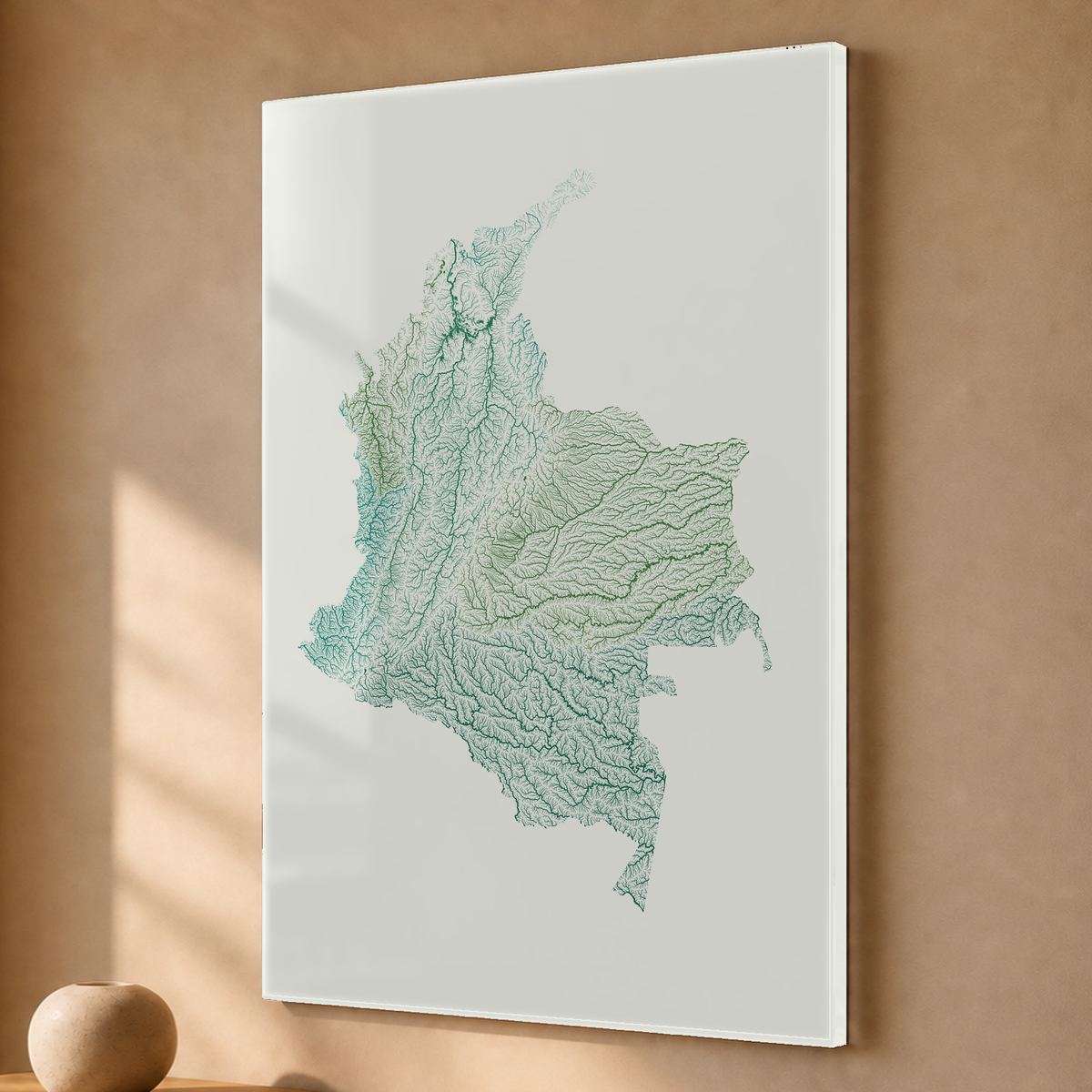 Quadro dos rios da Colômbia — Verde jade e porcelana, Sem margem — Acrílico — 2x3
