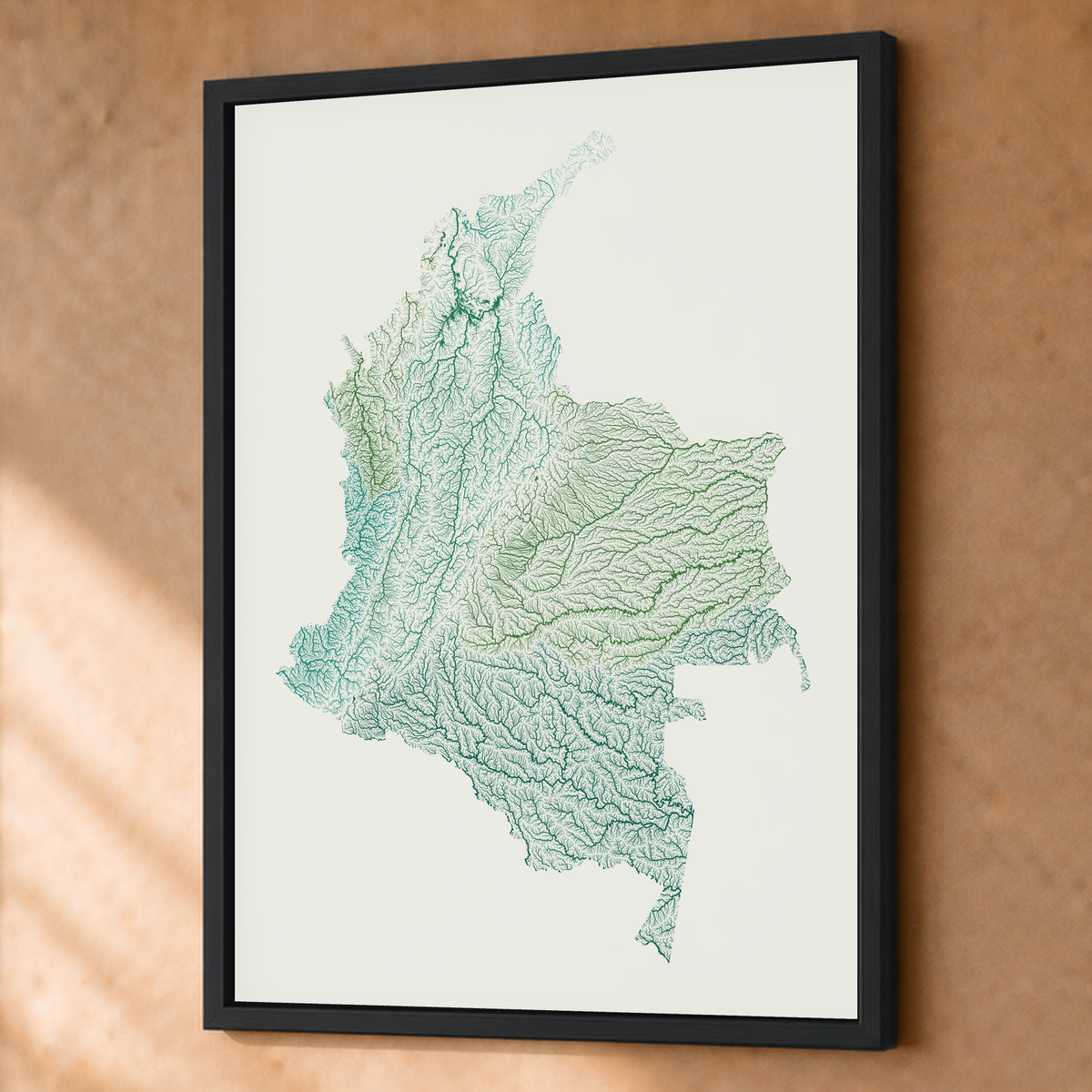 Quadro dos rios da Colômbia — Verde jade e porcelana, Preto · Sem margem — Fine art emoldurado — 3x4