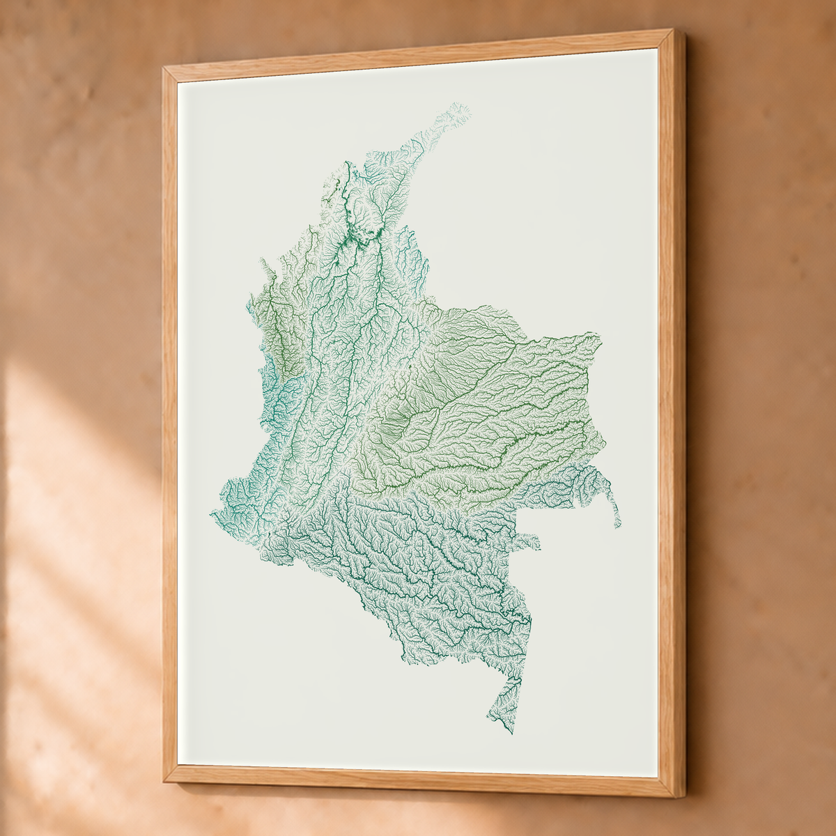 Quadro dos rios da Colômbia — Verde jade e porcelana, Natural · Sem margem — Fine art emoldurado — 3x4
