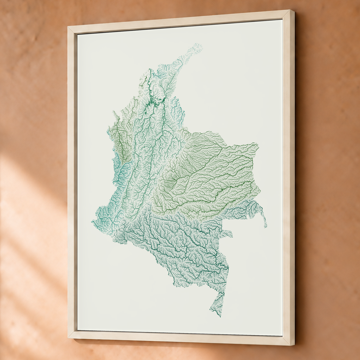 Quadro dos rios da Colômbia — Verde jade e porcelana, Branco · Sem margem — Fine art emoldurado — 3x4