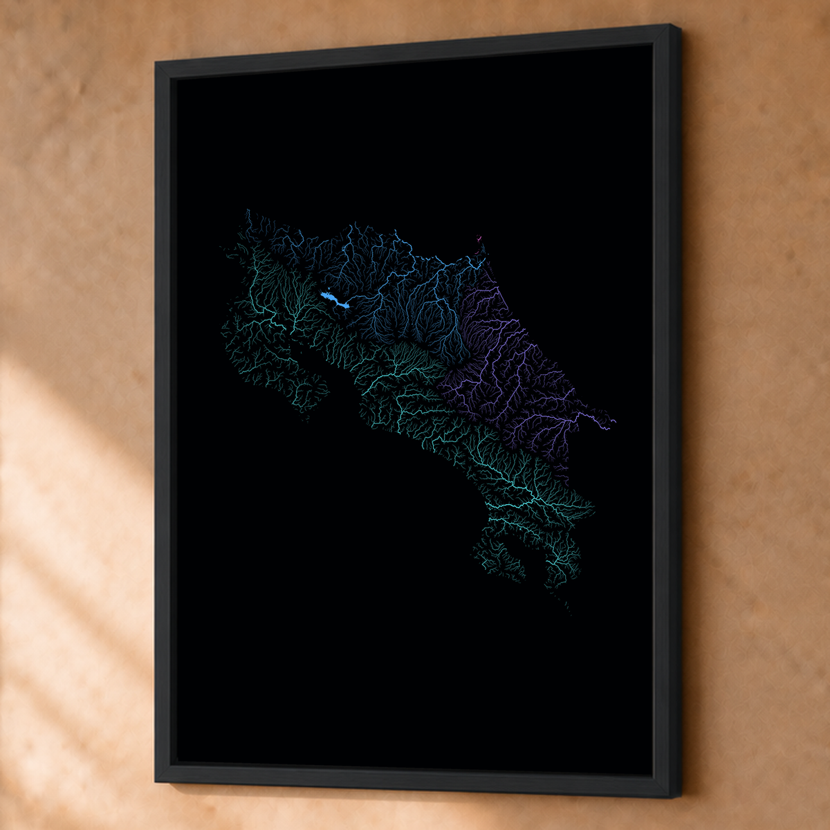 Quadro dos rios da Costa Rica — Neon hidrográfico, Preto · Sem margem — Fine art emoldurado — 3x4