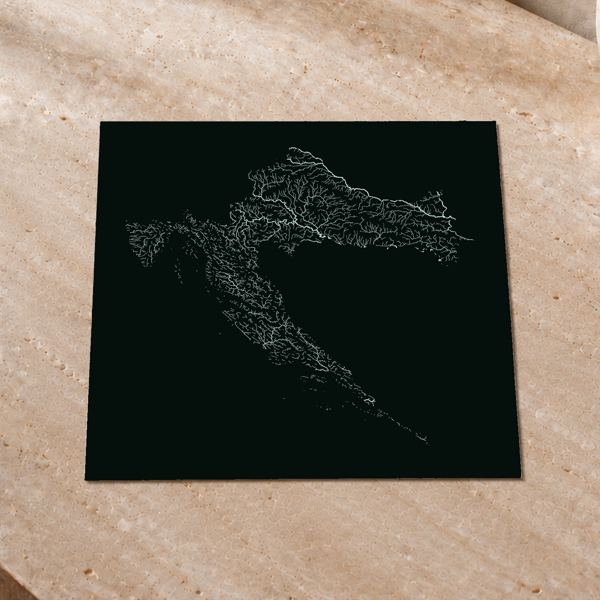 Hydrographic map — Croatia, monochrome glow, Glow-in-the-dark poster, 30 × 30 cm, in a premium interior setting