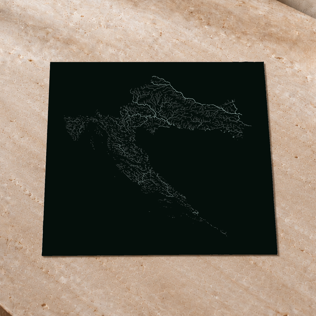 Hydrographic map — Croatia, monochrome glow, Glow-in-the-dark poster, 50 × 50 cm, in a premium interior setting