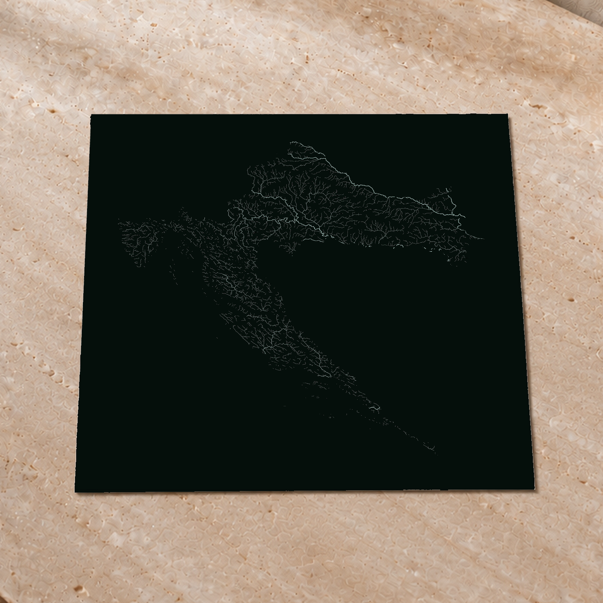 Hydrographic map — Croatia, monochrome glow, Glow-in-the-dark poster, 76 × 76 cm, in a premium interior setting