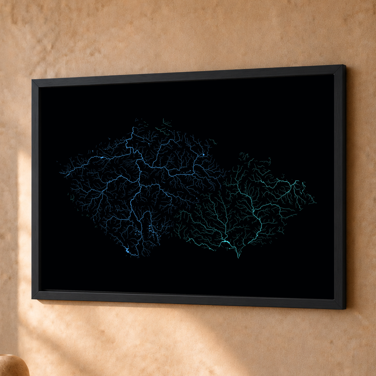 Beautiful Rivers — Chéquia — Neon hidrográfico, Fine art emoldurado · 30 × 40 cm, Preto · Sem margem
