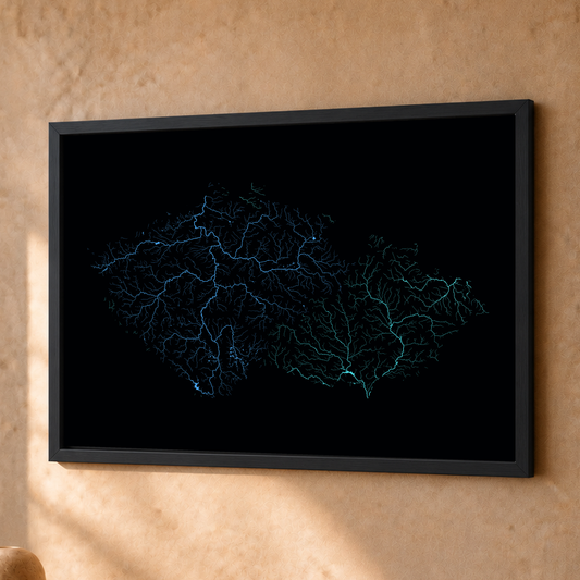 Beautiful Rivers — Chéquia — Neon hidrográfico, Fine art emoldurado · 30 × 40 cm, Preto · Sem margem