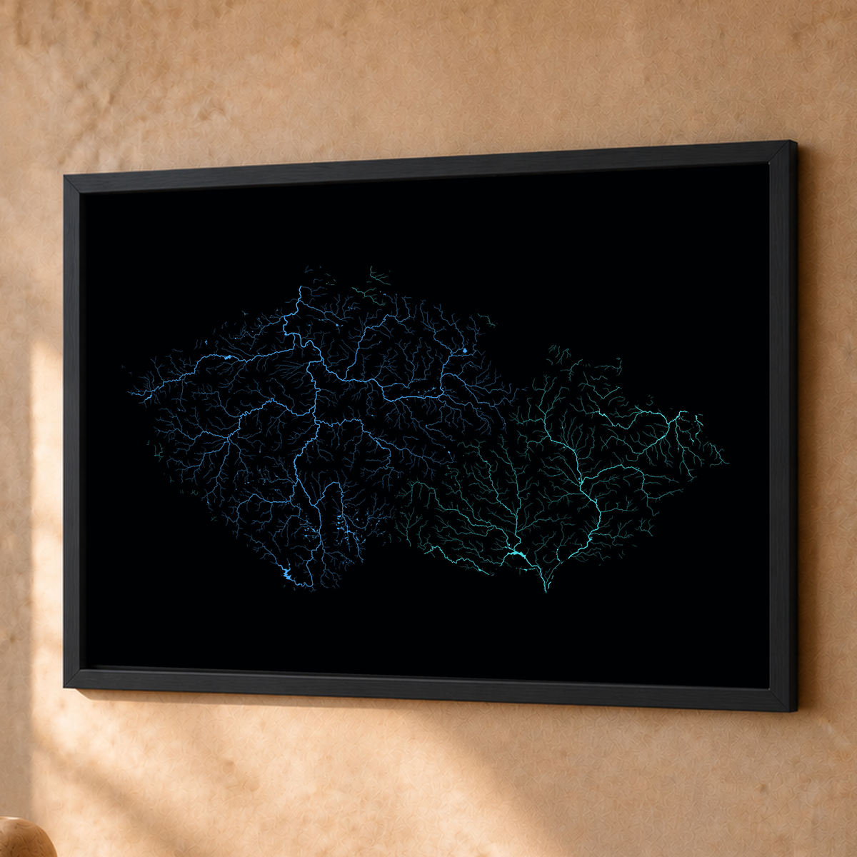 Beautiful Rivers — Chéquia — Neon hidrográfico, Fine art emoldurado · 45 × 60 cm, Preto · Sem margem
