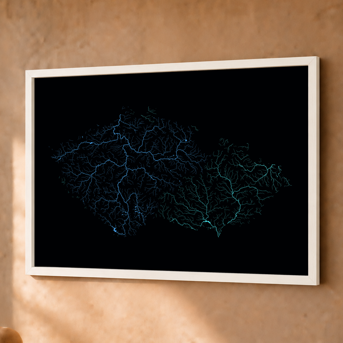 Beautiful Rivers — Chéquia — Neon hidrográfico, Fine art emoldurado · 45 × 60 cm, Branco · Sem margem
