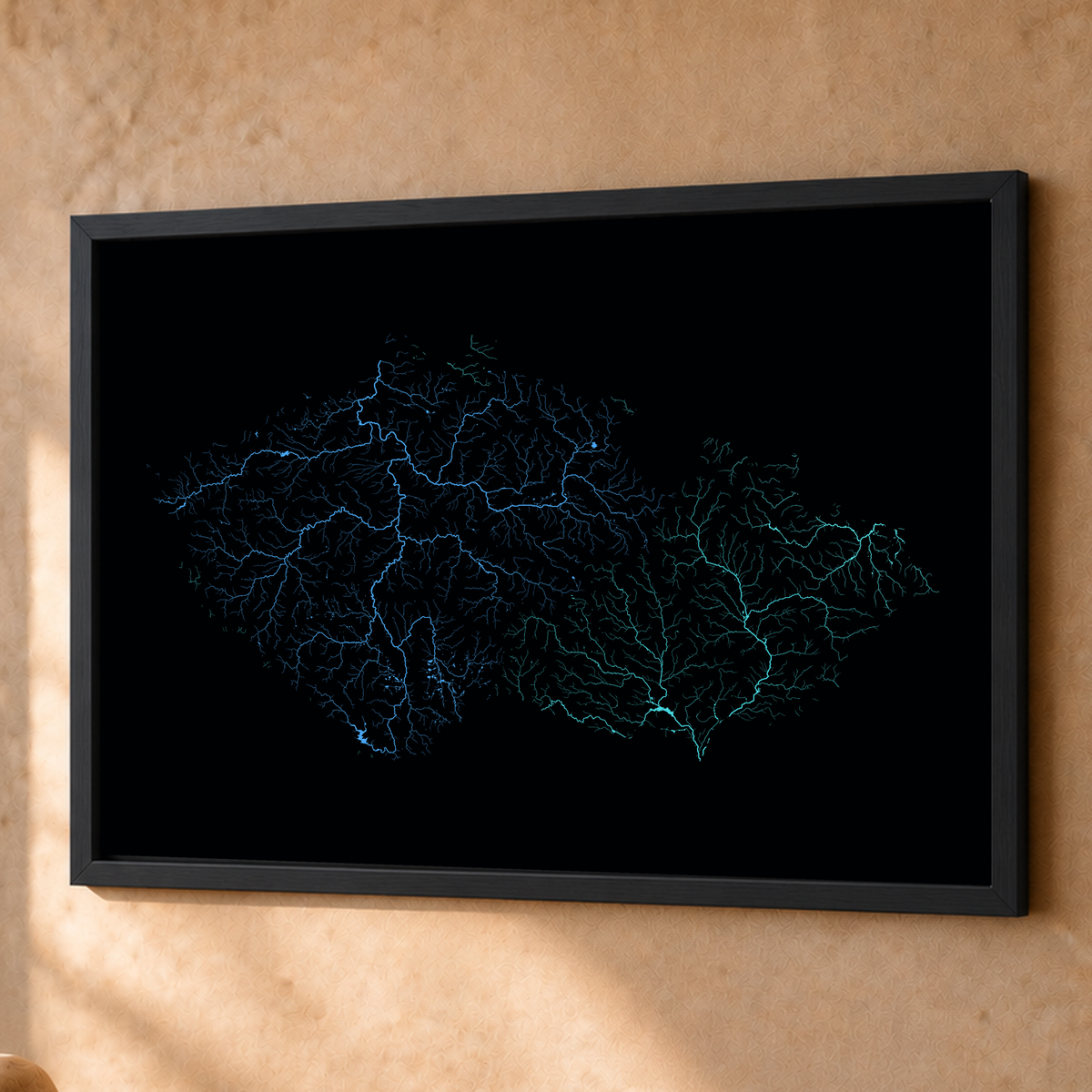 Beautiful Rivers — Chéquia — Neon hidrográfico, Fine art emoldurado · 60 × 80 cm, Preto · Sem margem