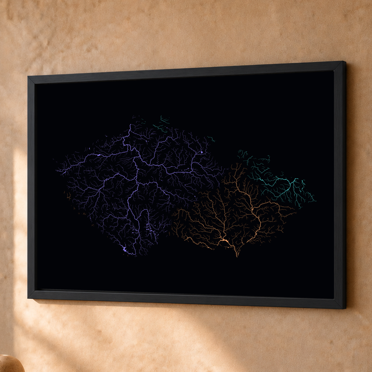 Beautiful Rivers — Chéquia — Neon por território, Fine art emoldurado · 45 × 60 cm, Preto · Sem margem