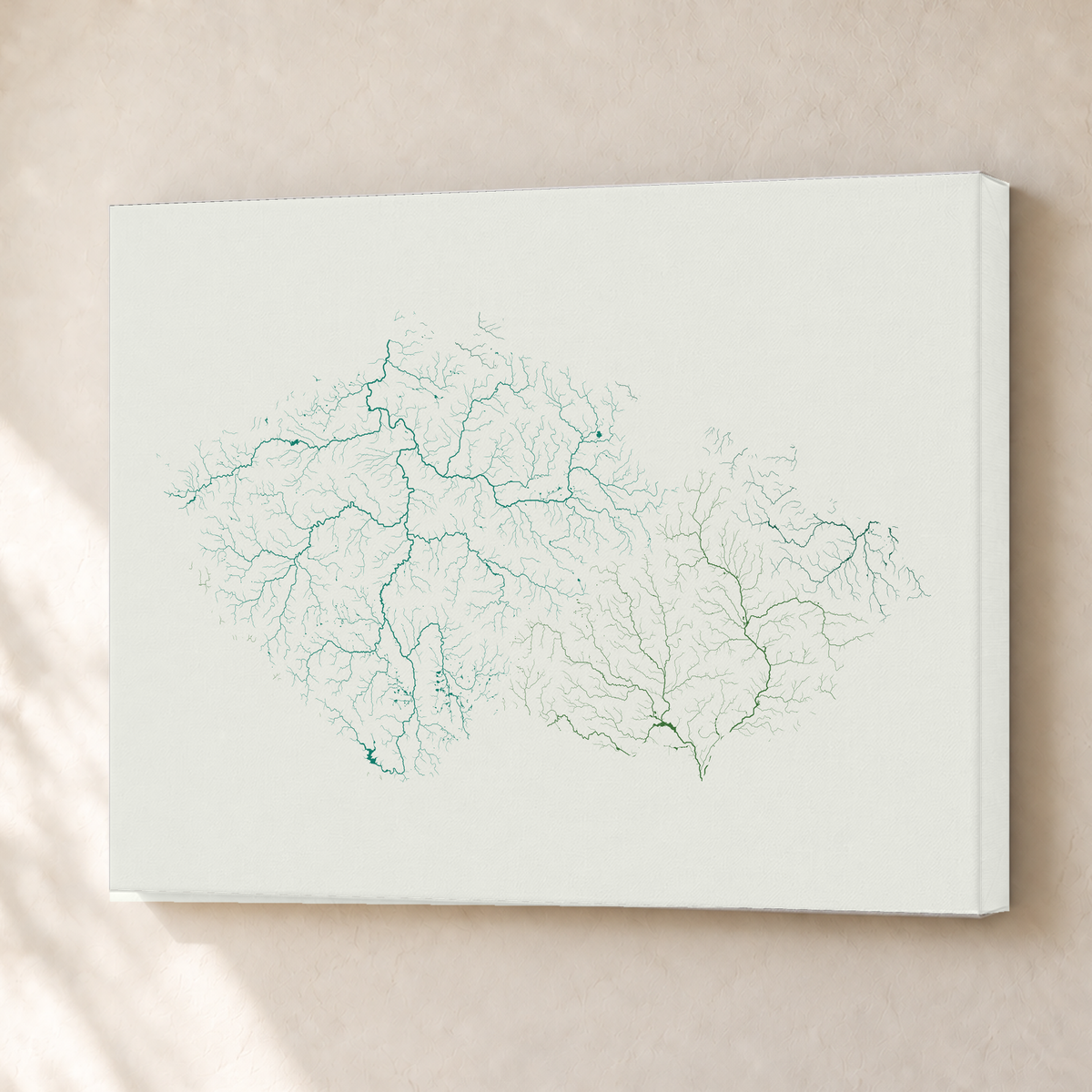 Beautiful Rivers — Chéquia — Verde jade e porcelana, Canvas · 30 × 40 cm, Sem margem