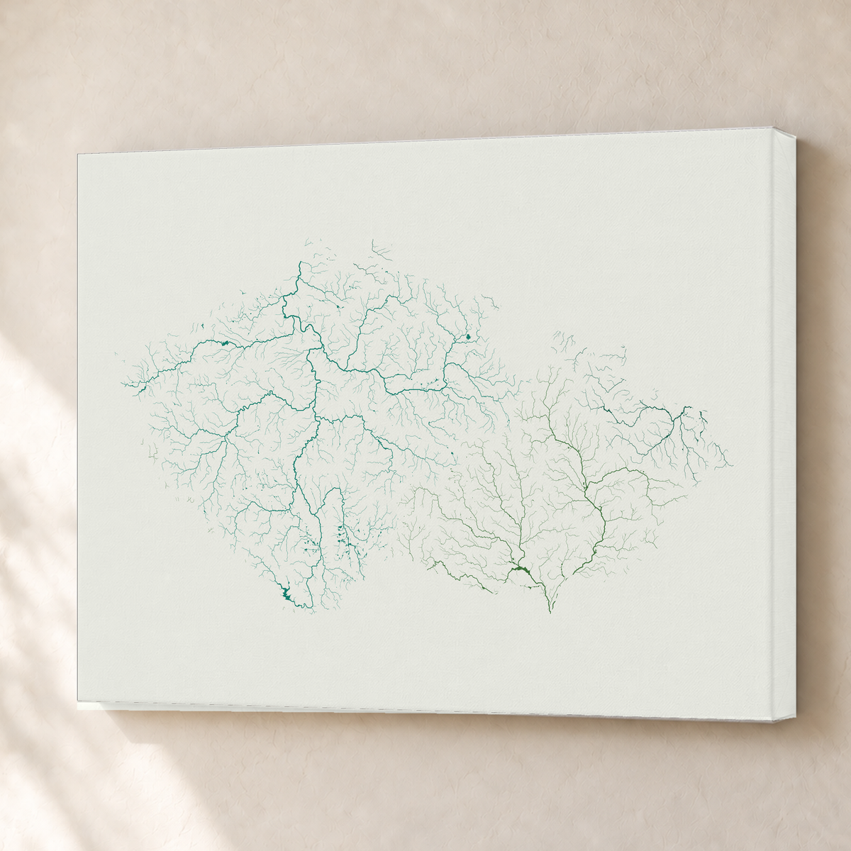Beautiful Rivers — Chéquia — Verde jade e porcelana, Canvas · 45 × 60 cm, Sem margem
