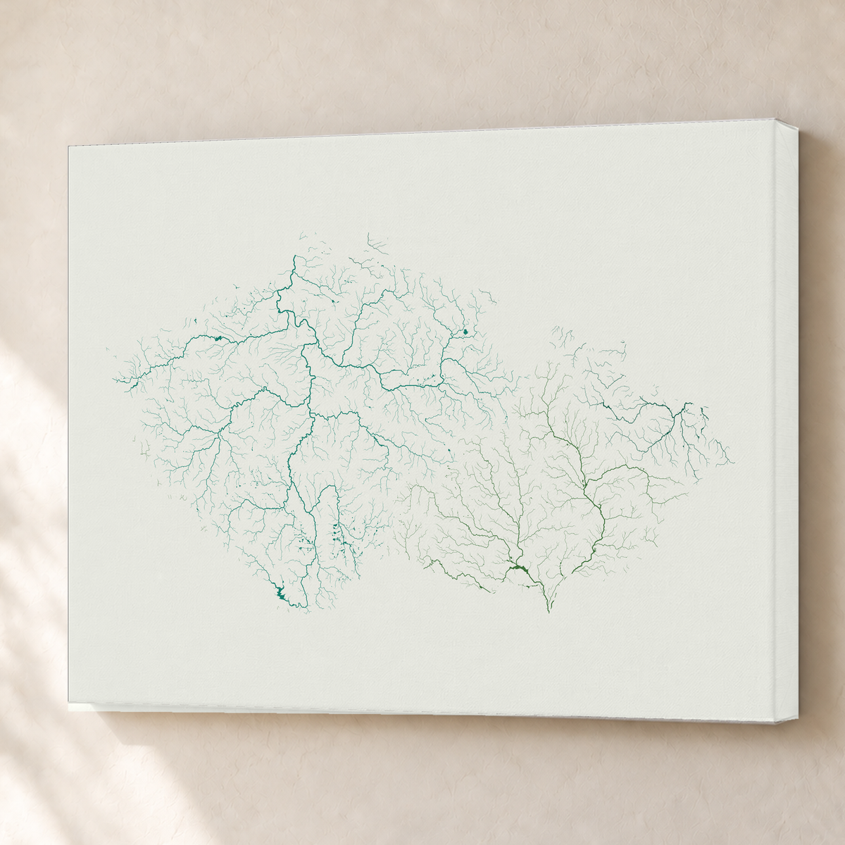 Beautiful Rivers — Chéquia — Verde jade e porcelana, Canvas · 60 × 80 cm, Sem margem