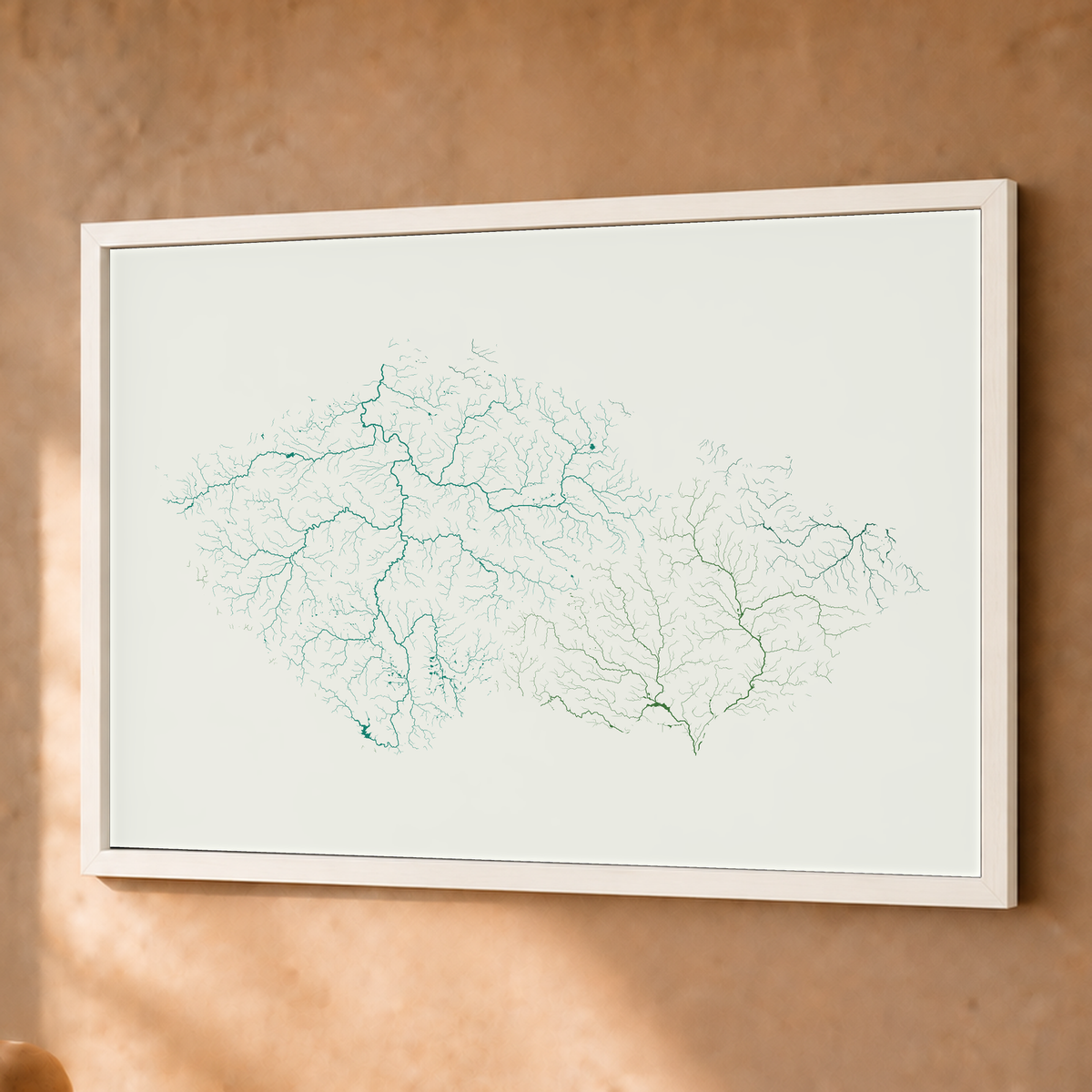 Beautiful Rivers — Chéquia — Verde jade e porcelana, Fine art emoldurado · 45 × 60 cm, Branco · Sem margem