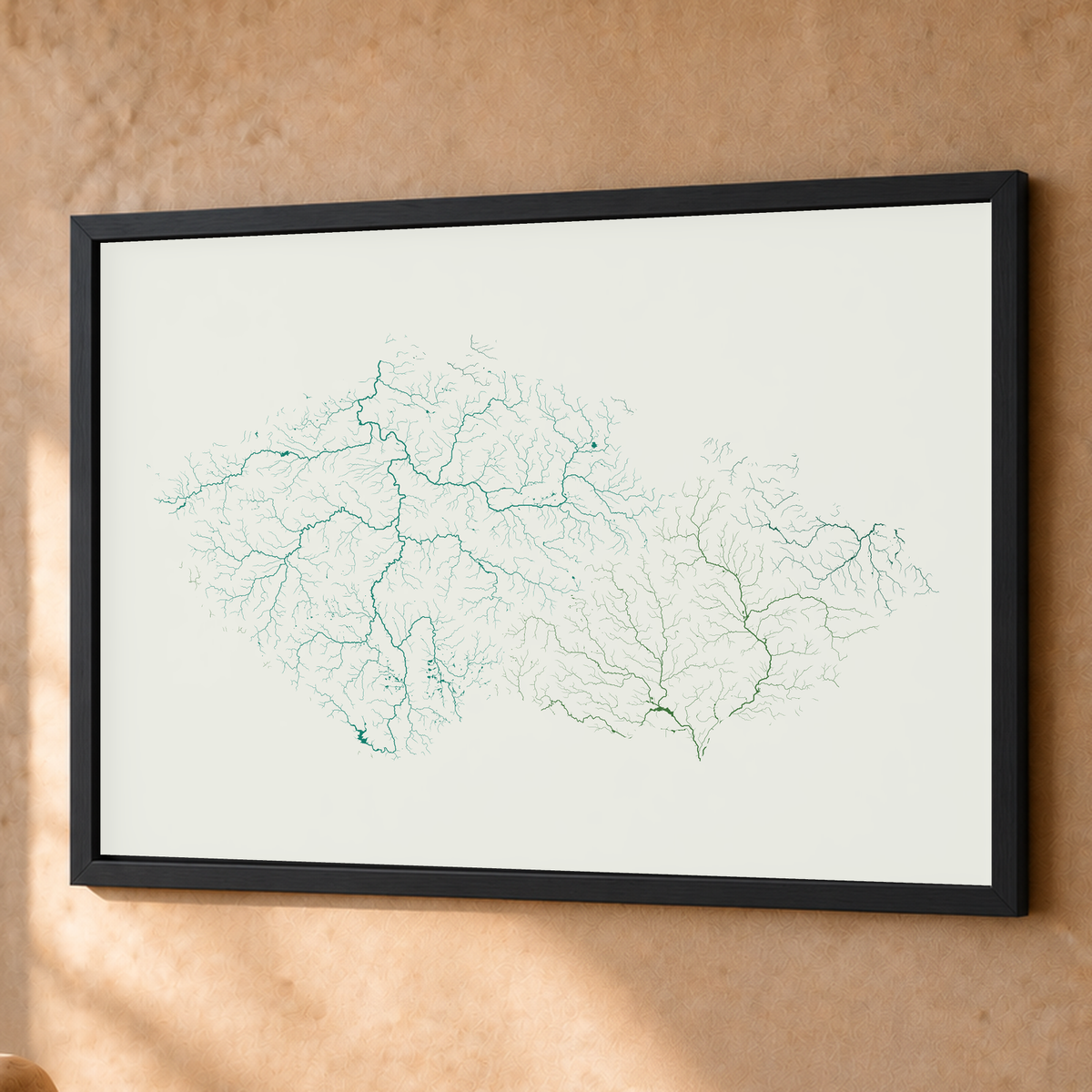 Beautiful Rivers — Chéquia — Verde jade e porcelana, Fine art emoldurado · 60 × 80 cm, Preto · Sem margem