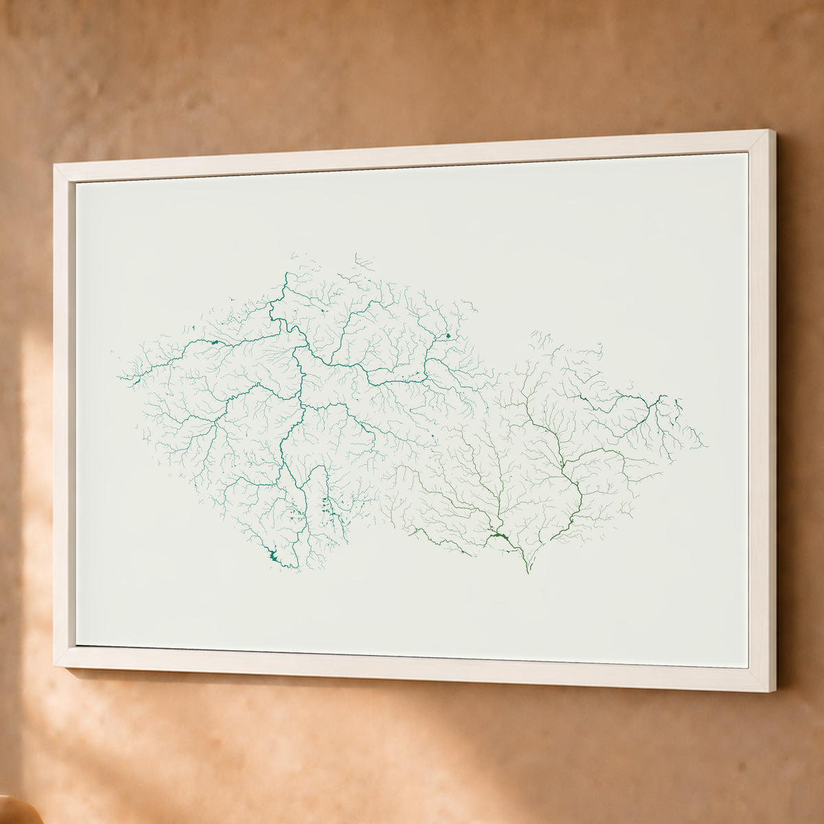 Beautiful Rivers — Chéquia — Verde jade e porcelana, Fine art emoldurado · 60 × 80 cm, Branco · Sem margem