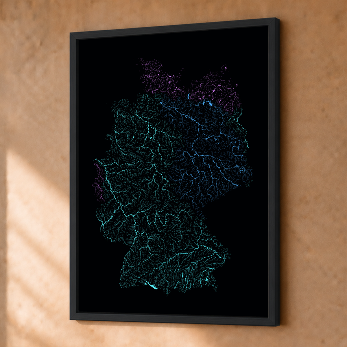 Beautiful Rivers — Alemanha — Neon hidrográfico, Fine art emoldurado · 30 × 40 cm, Preto · Sem margem