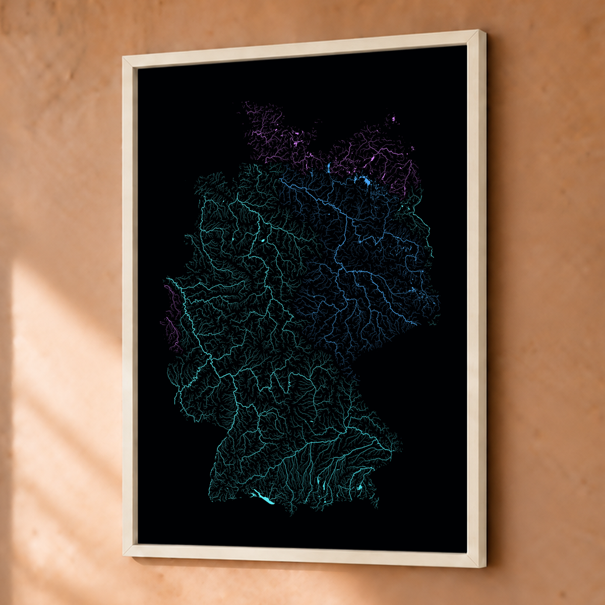 Beautiful Rivers — Alemanha — Neon hidrográfico, Fine art emoldurado · 30 × 40 cm, Branco · Sem margem