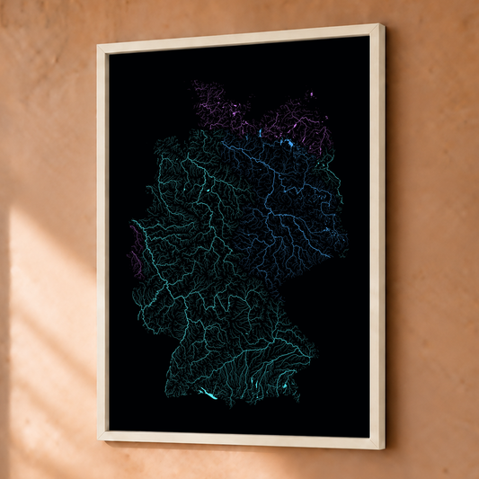 Beautiful Rivers — Alemanha — Neon hidrográfico, Fine art emoldurado · 30 × 40 cm, Branco · Sem margem
