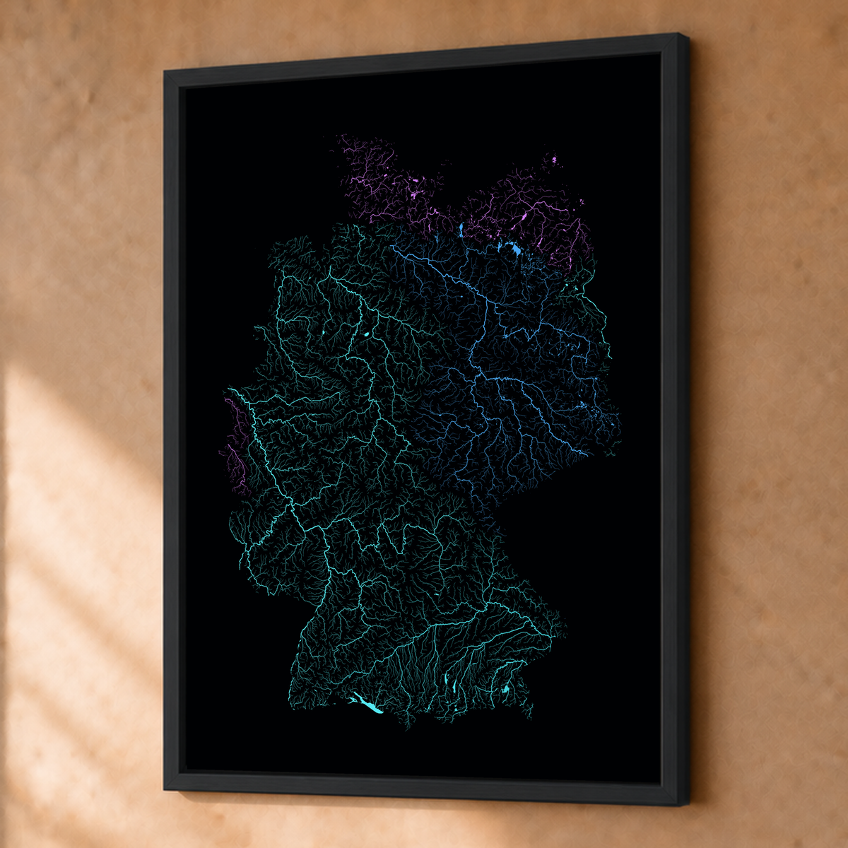 Beautiful Rivers — Alemanha — Neon hidrográfico, Fine art emoldurado · 45 × 60 cm, Preto · Sem margem