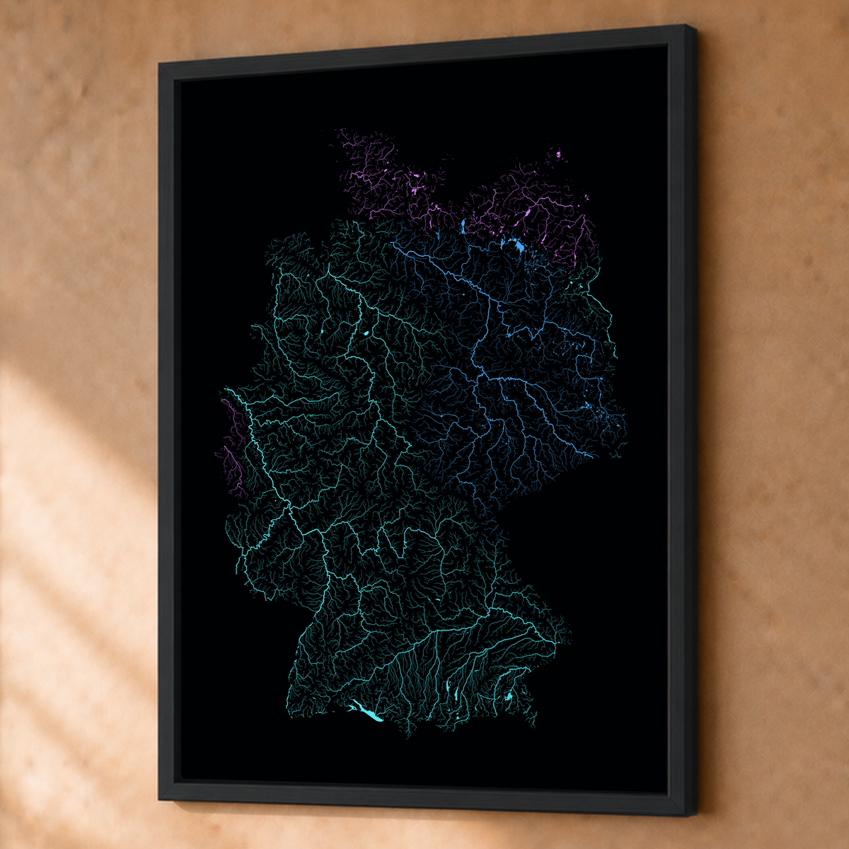 Beautiful Rivers — Alemanha — Neon hidrográfico, Fine art emoldurado · 60 × 80 cm, Preto · Sem margem