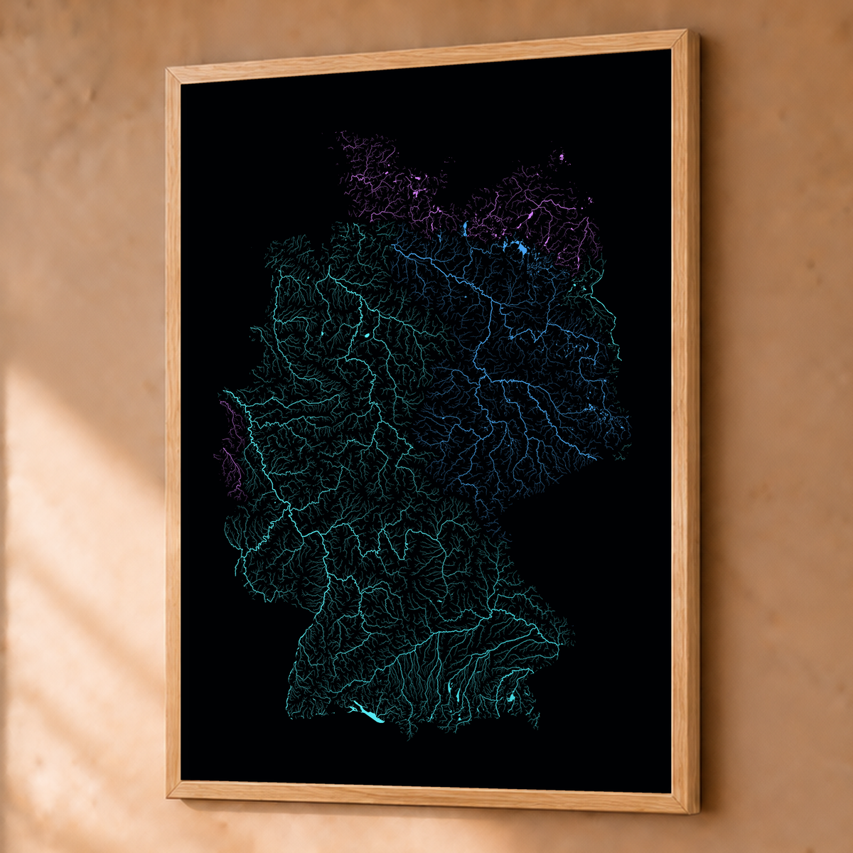 Beautiful Rivers — Alemanha — Neon hidrográfico, Fine art emoldurado · 60 × 80 cm, Natural · Sem margem