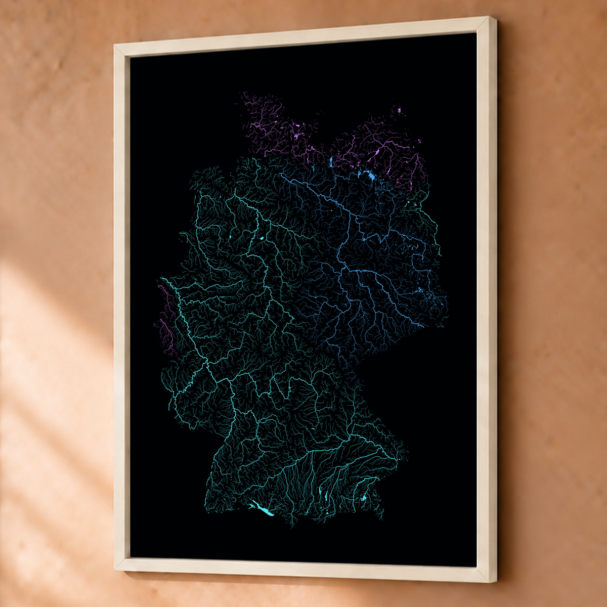 Beautiful Rivers — Alemanha — Neon hidrográfico, Fine art emoldurado · 60 × 80 cm, Branco · Sem margem
