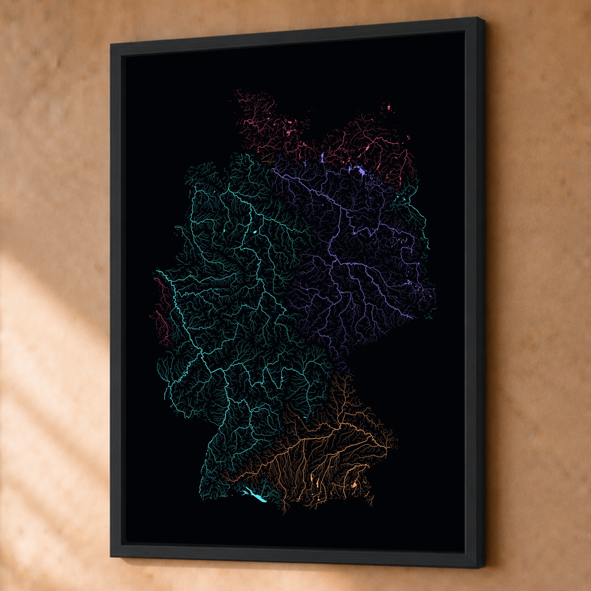 Beautiful Rivers — Alemanha — Neon por território, Fine art emoldurado · 60 × 80 cm, Preto · Sem margem