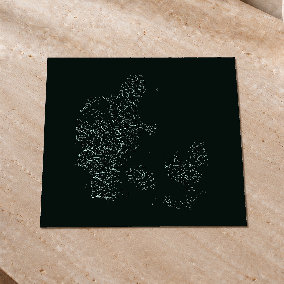 Hydrographic map — Denmark, monochrome glow, Glow-in-the-dark poster, 30 × 30 cm, in a premium interior setting