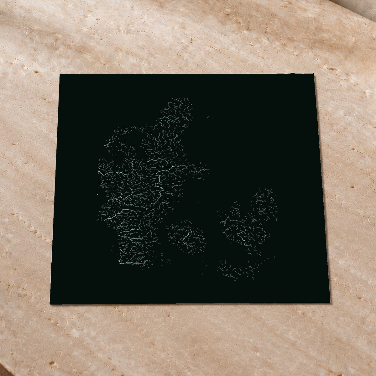 Hydrographic map — Denmark, monochrome glow, Glow-in-the-dark poster, 50 × 50 cm, in a premium interior setting